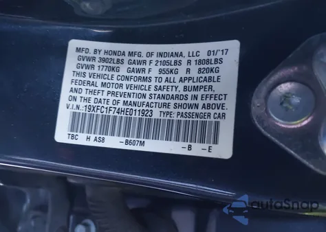 2017 Honda Civic Ex-L z USA, uszkodzony, nr VIN 19XFC1F74HE011923